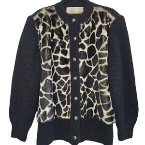 Women's Faux Fur Animal Print Cardigan Jacket XL Black Old Money Chunky Cozy